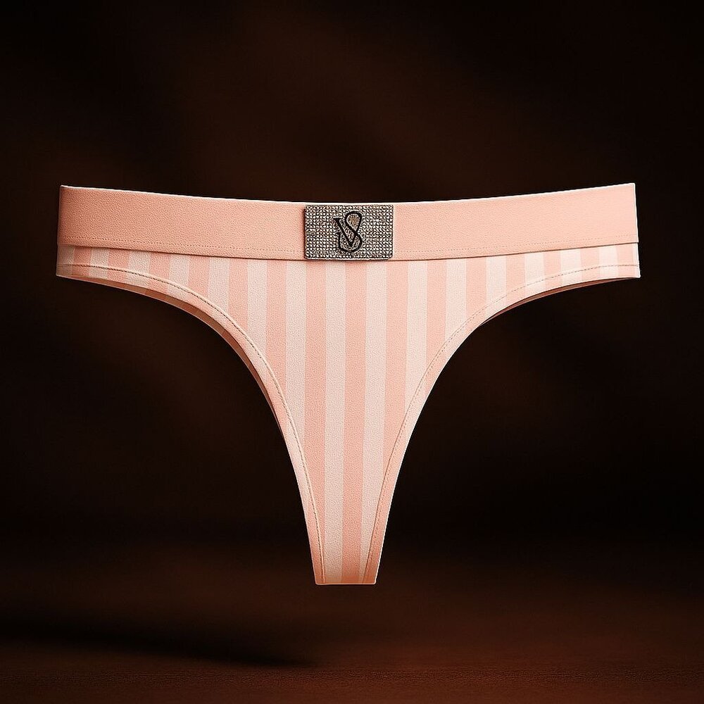 Victoria's Secret Shine Patch Thong Panty Womens Medium VS Signature Pink Stripe - Picture 1 of 14